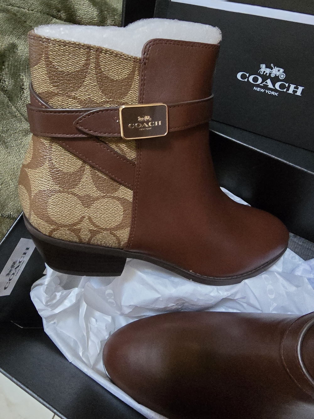 Coach Brown Leather & Signature Canvas Ankle Booties